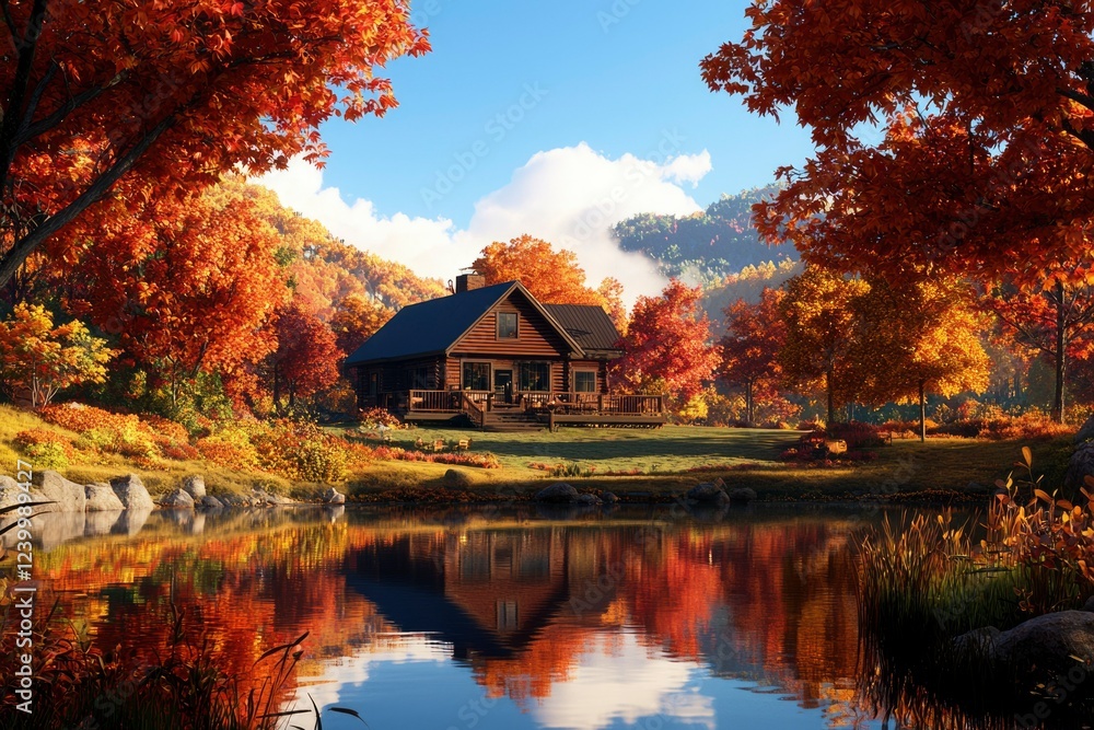 Fototapeta premium Autumn Log Cabin Lakeside Peaceful Fall Scene
