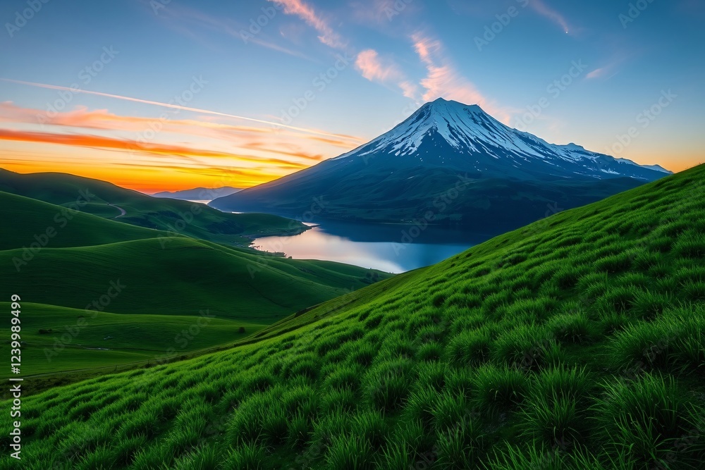 Fototapeta premium Sunlight gently lights a tranquil lake bordered by grassy hills and a mountain