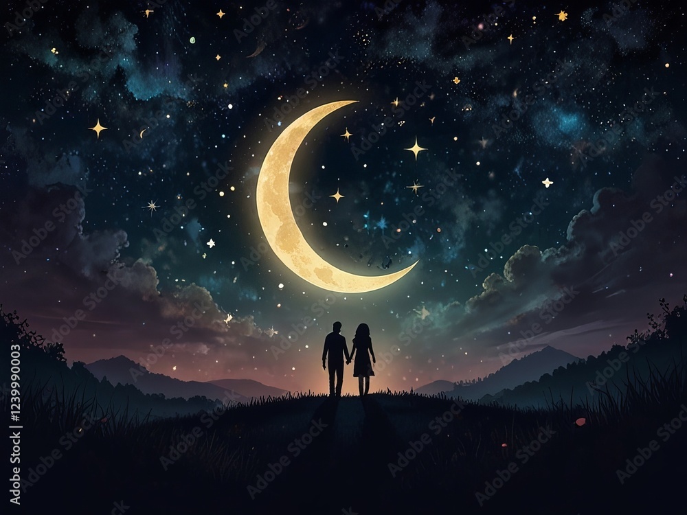 A dreamy background featuring a starry night sky with a crescent moon, surrounded by glowing hearts and a silhouette of a couple holding hands A dreamy background featuring a starry night sky with a crescent moon, surrounded by glowing hearts and a silhouette of a couple holding hands