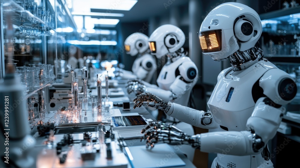 A high-tech laboratory with AI-powered robotic assistants conducting experiments. A high-tech laboratory with AI-powered robotic assistants conducting experiments.