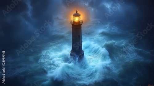 A lighthouse standing tall amidst turbulent waves, lighting the stormy night.