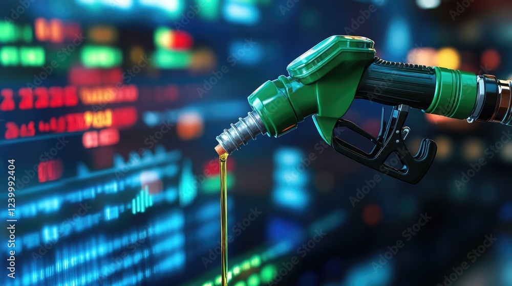 Fototapeta premium Energy crisis gasoline petroleum fuel nozzle with stock marketing graph chart showing oil prices on screen background.