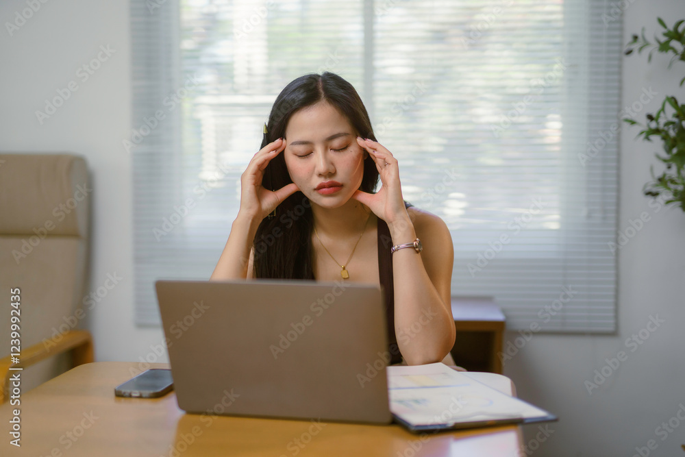 Stressed asian businesswoman having headache while working from home office