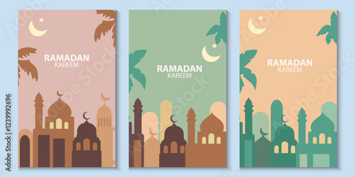Collection of Ramadan Kareem or Eid mubarak posters,Ramadan greeting cards, holiday covers.Modern beautiful design in pastel colors with mosque, moon crescent, stars in the sky and copy space for text