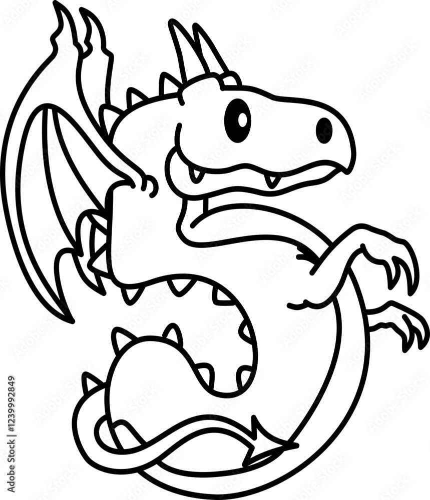 Fototapeta premium Hand drawn dragon number 5 outline illustration