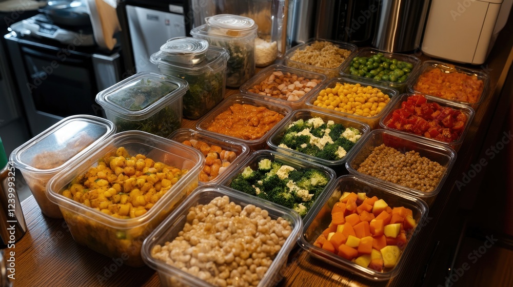 Obraz premium A meal prep setup with portioned containers of healthy meals for a balanced diet.