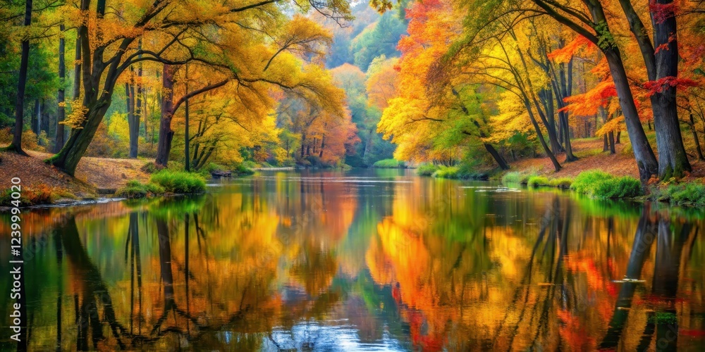 Fototapeta premium Serene autumn forest scene with vibrant tree reflections in a calm river, surrounded by lush greenery and autumn leaves , water feature, foliage