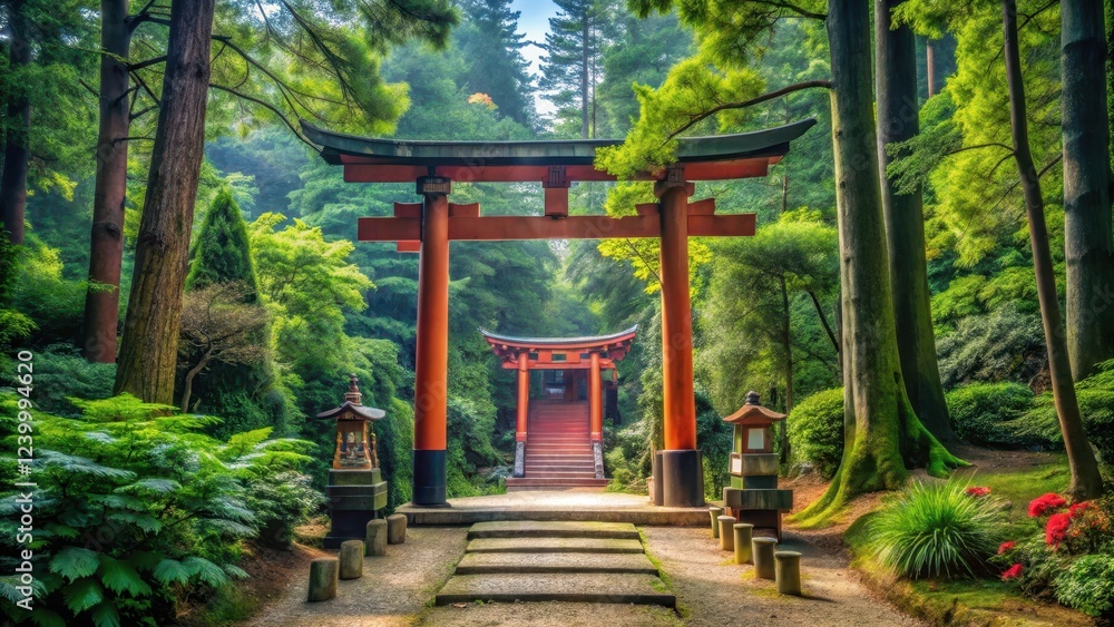 Obraz premium Serene Japanese shrine nestled among tranquil greenery with majestic torii gates, natural, japanese garden