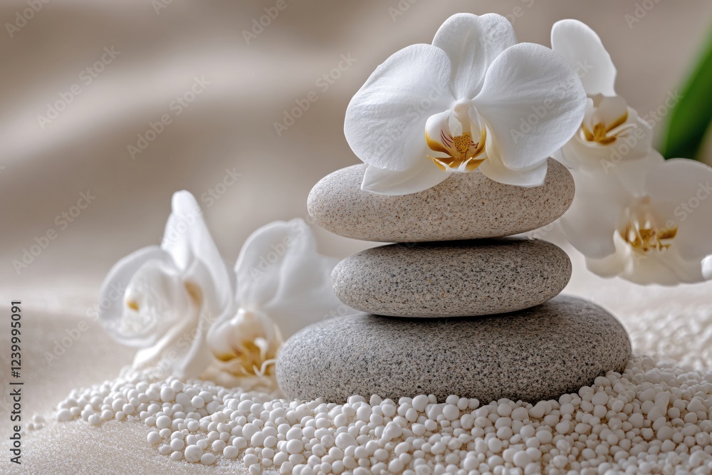 Serene spa scene with white orchid blossoms and balanced stones on a bed of white beads Serene spa scene with white orchid blossoms and balanced stones on a bed of white beads