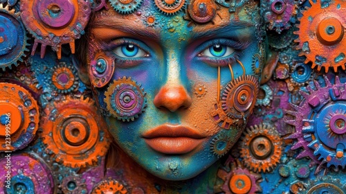 Wallpaper Mural Vibrant face art with intricate clockwork gears.  A striking image of creativity and mechanical design. Torontodigital.ca