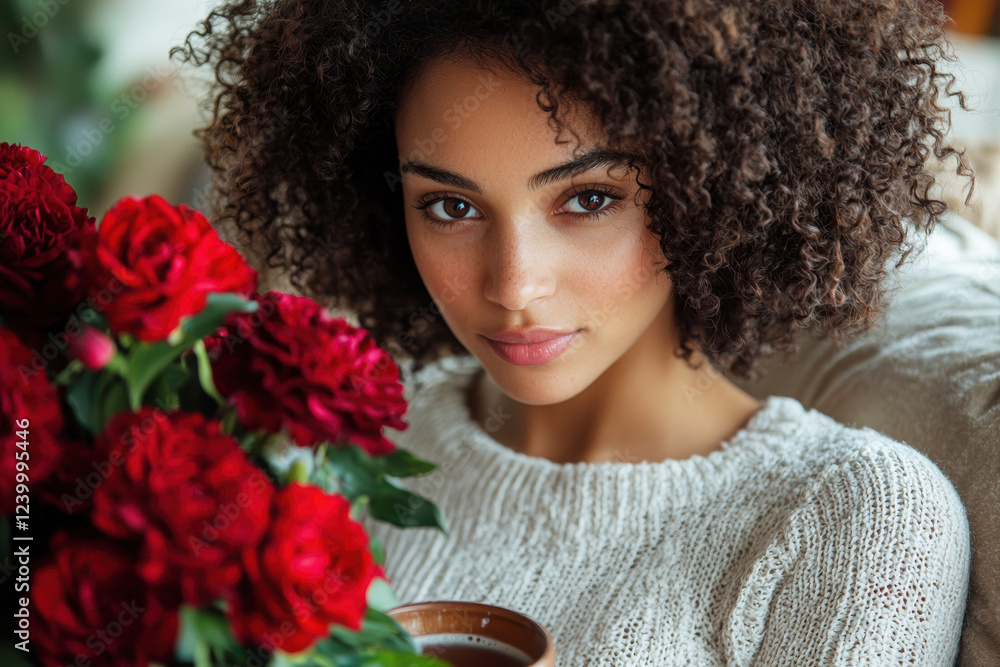 Naklejka premium A young woman with curly hair sits beside a bouquet of red flowers, holding a cup, exuding warmth and tranquility in a cozy setting.