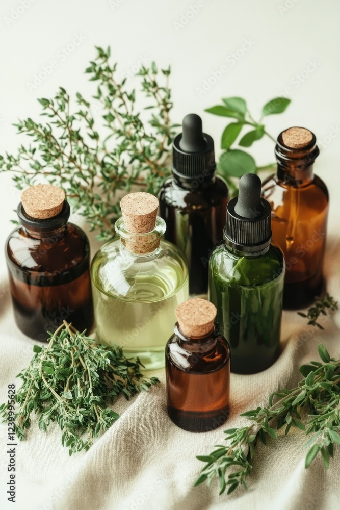 Essential Oils Bottles with Thyme and Herbs Essential Oils Bottles with Thyme and Herbs