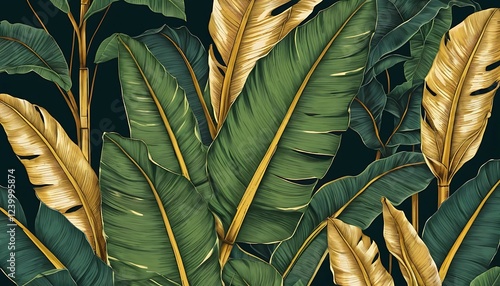 Lush Tropical Banana Leaves Dark Background Pattern