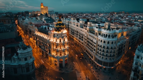Madrid Aerial View at night with street lights tracing the city's vibrant urban layout.