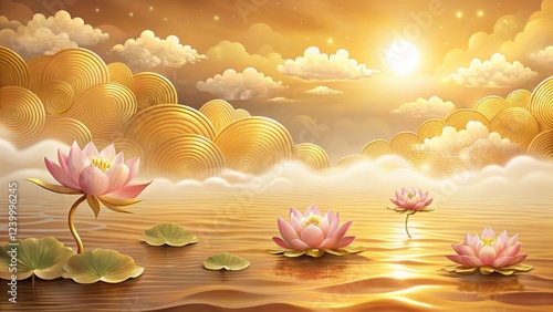 Softly glowing golden clouds drift lazily across a serene Japanese-inspired background featuring gentle waves and lotus flowers, lotusflowers, softfocus photo