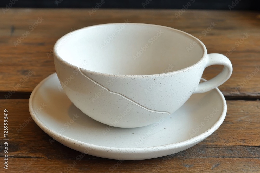 A cracked ceramic teacup and saucer rest on a rustic wooden surface. The subtle crack adds a unique touch to the simple design. A cracked ceramic teacup and saucer rest on a rustic wooden surface. The subtle crack adds a unique touch to the simple design.