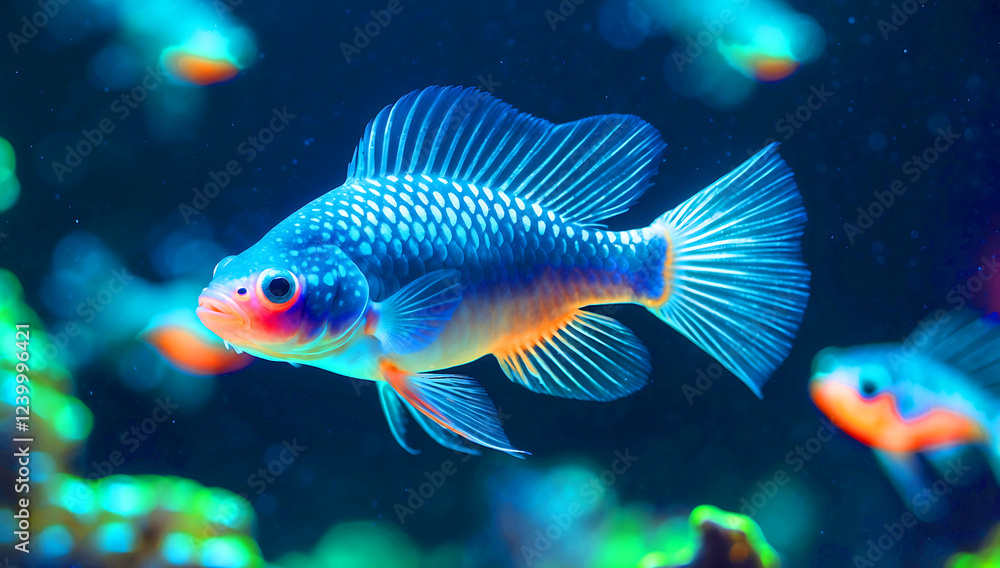 A close-up of a Siamese fighting fish , its tiny body glowing with bright blue spots A close-up of a Siamese fighting fish , its tiny body glowing with bright blue spots