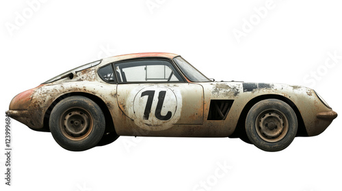 Grungy vintage racing car covered in mud on transparent background
