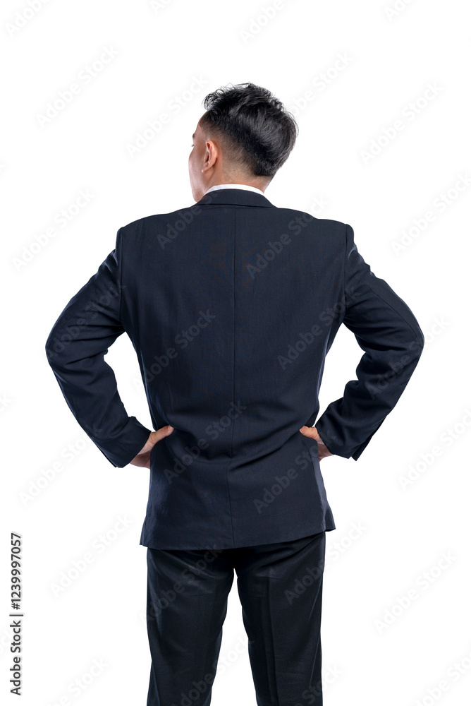Portrait rear view of Asian businessman standing with confidence isolated over white background. Concept of business, entrepreneur, and successful Portrait rear view of Asian businessman standing with confidence isolated over white background. Concept of business, entrepreneur, and successful
