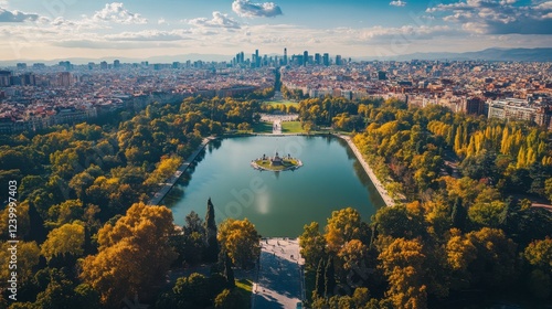 Madrid aerial view of Retiro Park with its central lake and surrounding cityscape