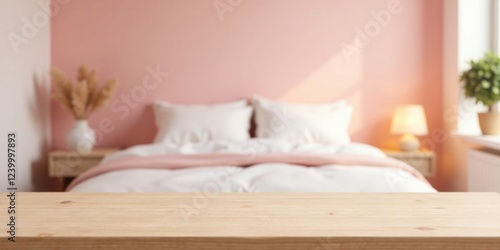 Light wooden surface in front of blurred bedroom scene with soft pink walls, a made bed, and bedside table
