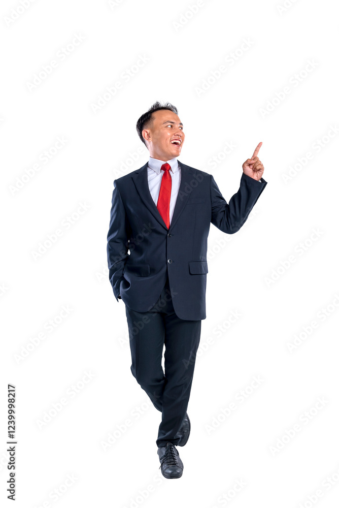 Portrait of an Asian businessman walking with a pointing hand gesture isolated over a white background. Copy space. Concept of business, entrepreneur, and successful Portrait of an Asian businessman walking with a pointing hand gesture isolated over a white background. Copy space. Concept of business, entrepreneur, and successful