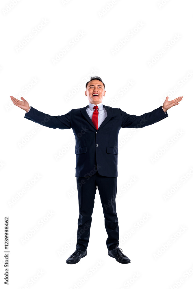 Portrait of an Asian businessman standing with raised hands and open palms isolated over a white background. Copy space. Concept of business, entrepreneur, and successful Portrait of an Asian businessman standing with raised hands and open palms isolated over a white background. Copy space. Concept of business, entrepreneur, and successful