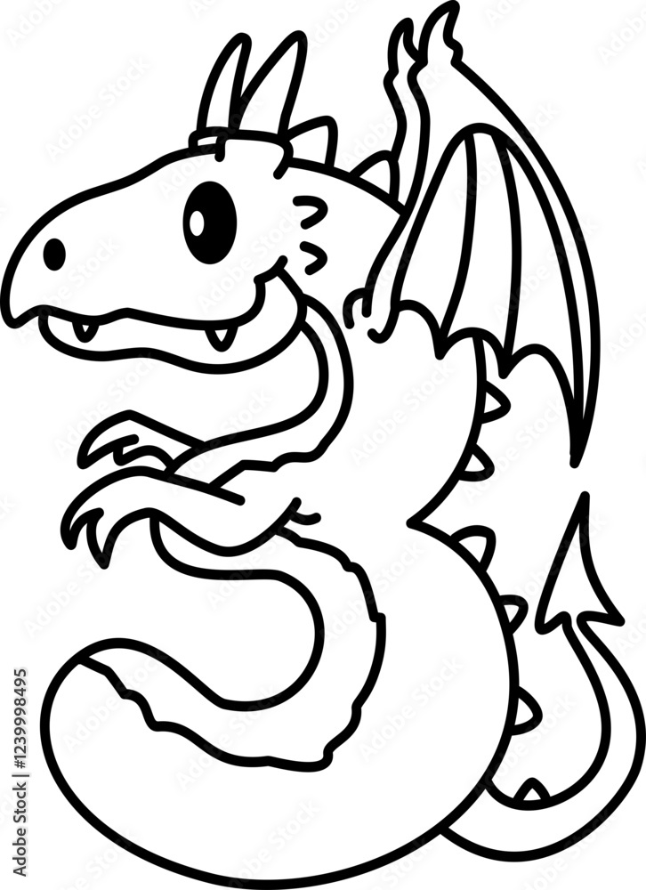 Fototapeta premium Hand drawn dragon number 3 outline illustration