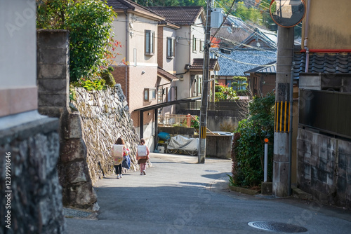 2 little Japanese student girls walk in rural village to school, Kyoto photo