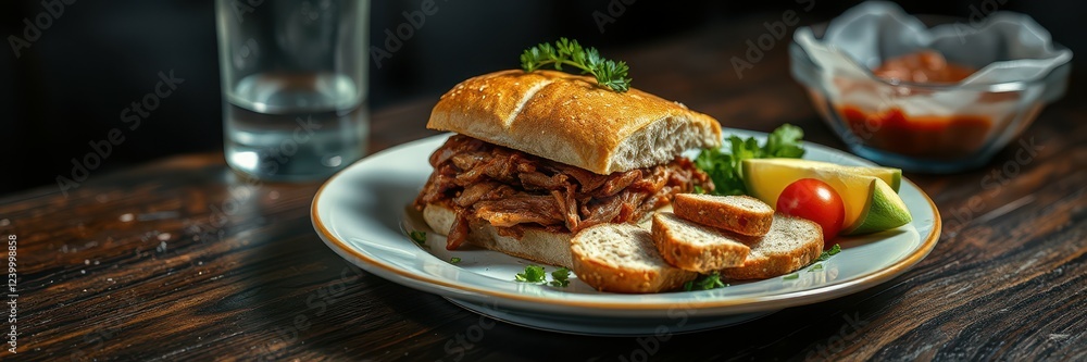Delicious sandwich with slow-cooked meat served with sliced bread and fresh condiments at a cozy restaurant Delicious sandwich with slow-cooked meat served with sliced bread and fresh condiments at a cozy restaurant