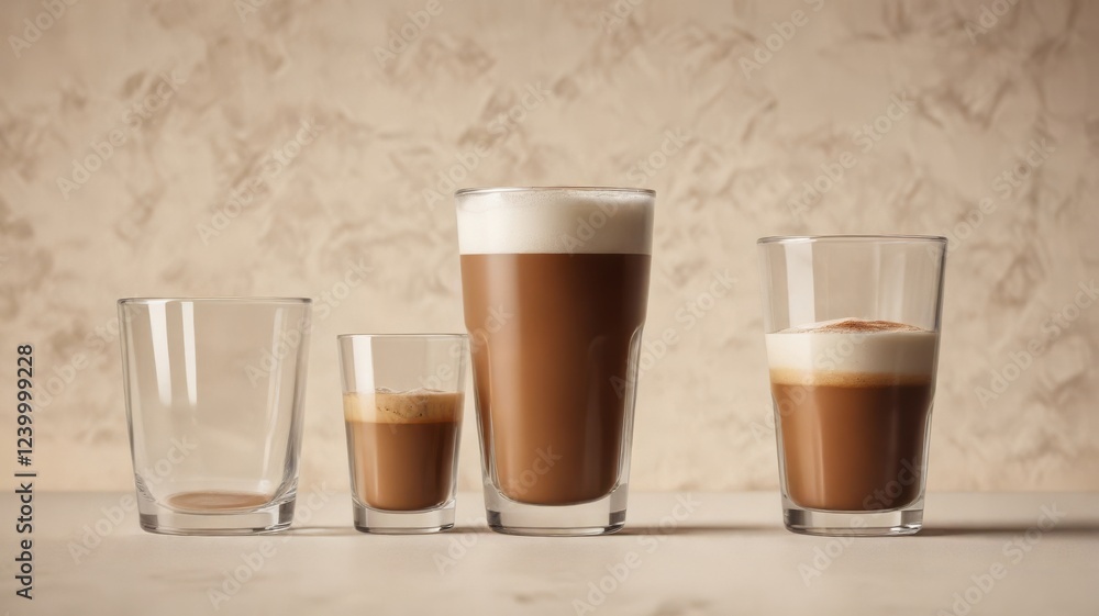 A trio of coffee beverages in various sizes, showcasing frothy textures and subtle layering, displayed against a neutral backdrop A trio of coffee beverages in various sizes, showcasing frothy textures and subtle layering, displayed against a neutral backdrop