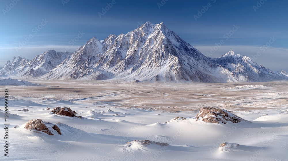Obraz premium Majestic snow-capped mountain range, winter landscape, desert foreground, travel poster