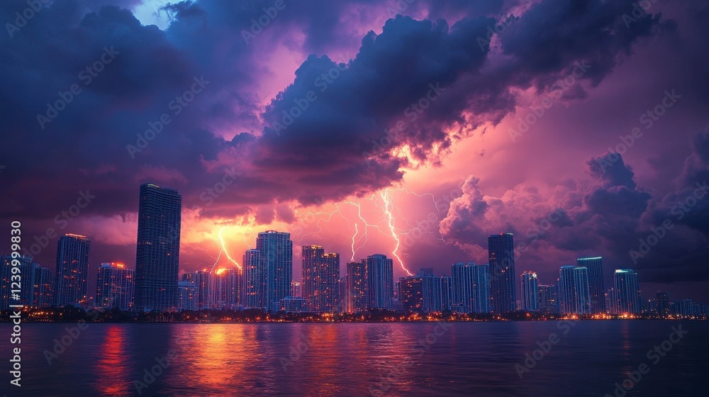 Fototapeta premium Miami's skyline captured during a thunderstorm with lightning lighting up the cityscape.