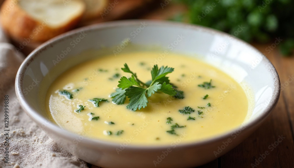 french vichyssoise soup in bowl real photo french vichyssoise soup in bowl real photo