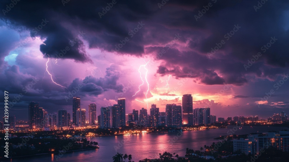 Fototapeta premium Miami's skyline captured during a thunderstorm with lightning lighting up the cityscape.