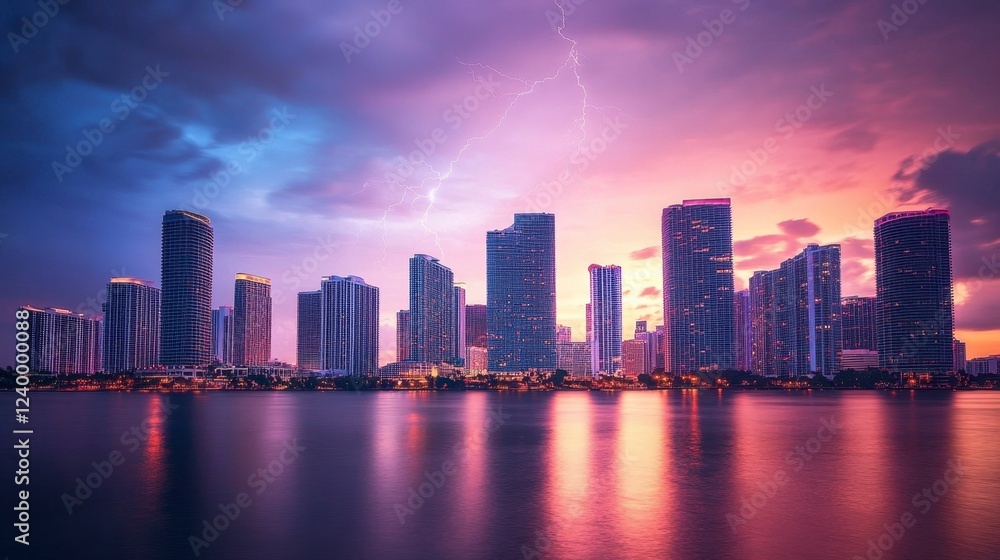 Fototapeta premium Miami's skyline captured during a thunderstorm with lightning lighting up the cityscape.