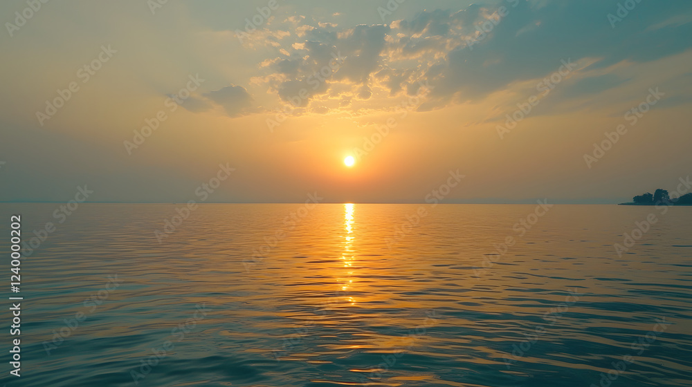 Naklejka premium Serene Sunset Over Calm Sea: A breathtaking sunset paints the sky with vibrant hues of orange and gold, its reflection shimmering on the tranquil surface of the ocean.