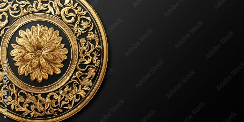 Elegant Gold and Black Circular Ornament Design: Intricate Floral Pattern on Dark Background