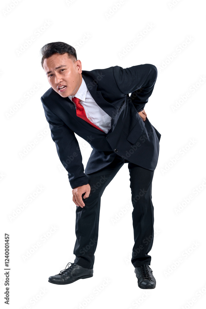 Portrait of an Asian businessman feeling pain in his waist isolated over a white background. Concept of business tired or work problem Portrait of an Asian businessman feeling pain in his waist isolated over a white background. Concept of business tired or work problem