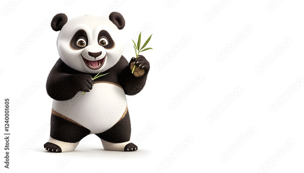 Naklejka premium Happy Panda Cub Holding Bamboo Shoots