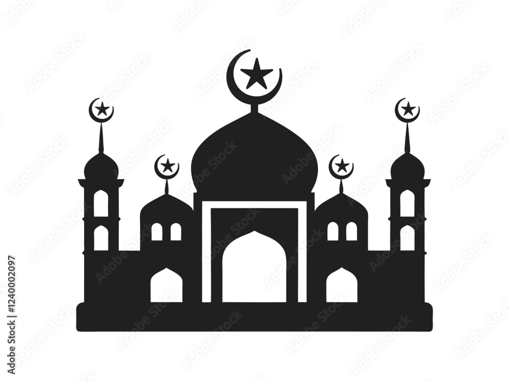 Obraz premium Mosque simple icon, islamic worship place, muslim symbols, vector illustration. Flat mosque icon design vector, mosque silhouette. Hajj, umrah, ramadhan kareem, ied mubarak