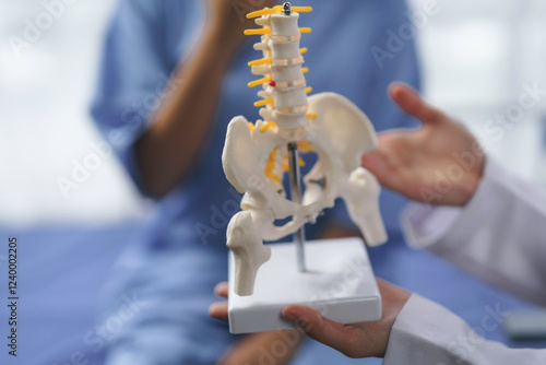 Doctor showing anatomical model of human pelvis and spine to patient