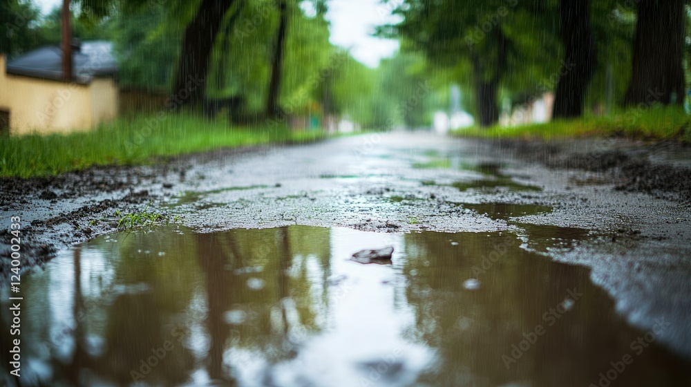 Fototapeta premium A rural road covered in rain puddles, with green trees glistening under soft rainfall.