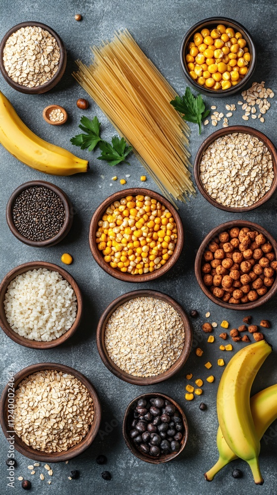 Variety of healthy grains and fruits arranged in wooden bowls on a textured surface Variety of healthy grains and fruits arranged in wooden bowls on a textured surface