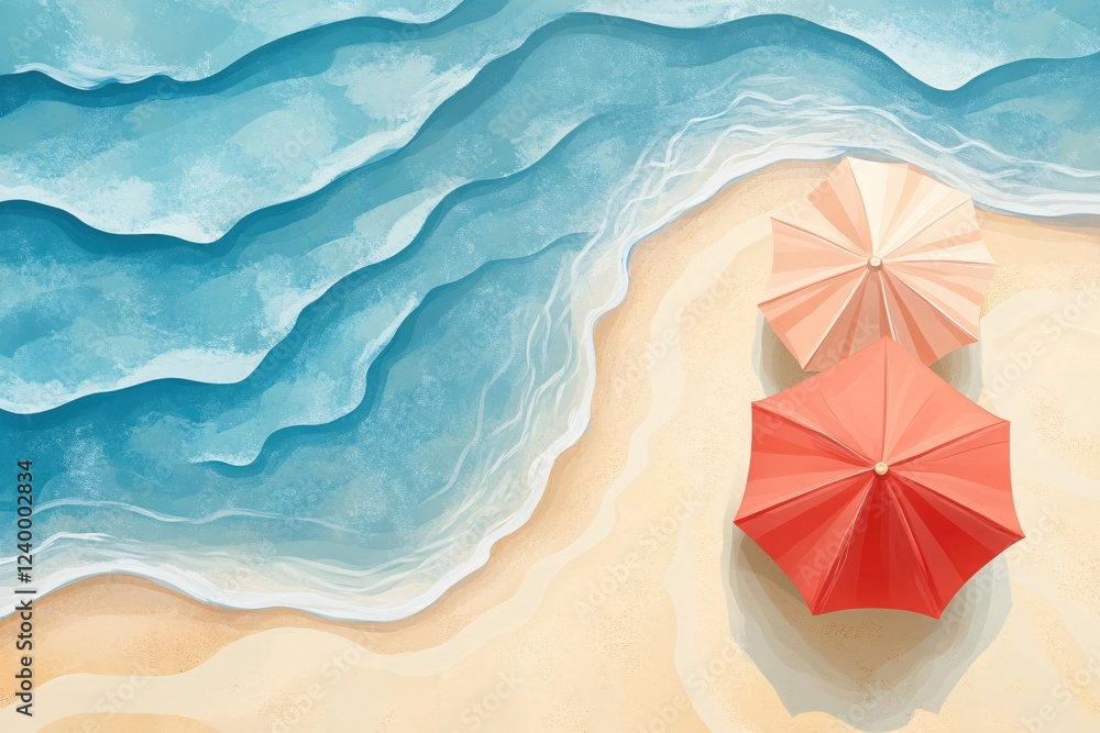 Fototapeta premium Tranquil Beach Scene with Gentle Waves and Colorful Umbrellas in a Soft Painted Style