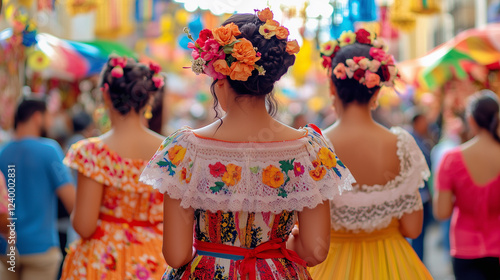 The festive atmosphere of Feria de Abril in Seville, women wearing bright flamenco dresses with flowers in their hair, Ai generated images