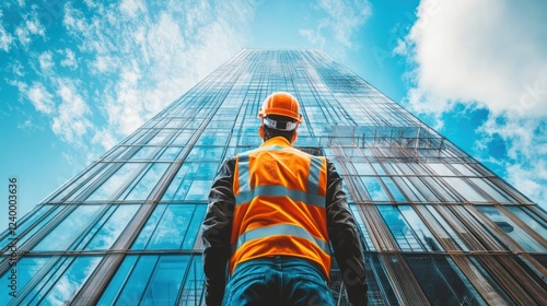 Construction worker admiring skyscraper.
