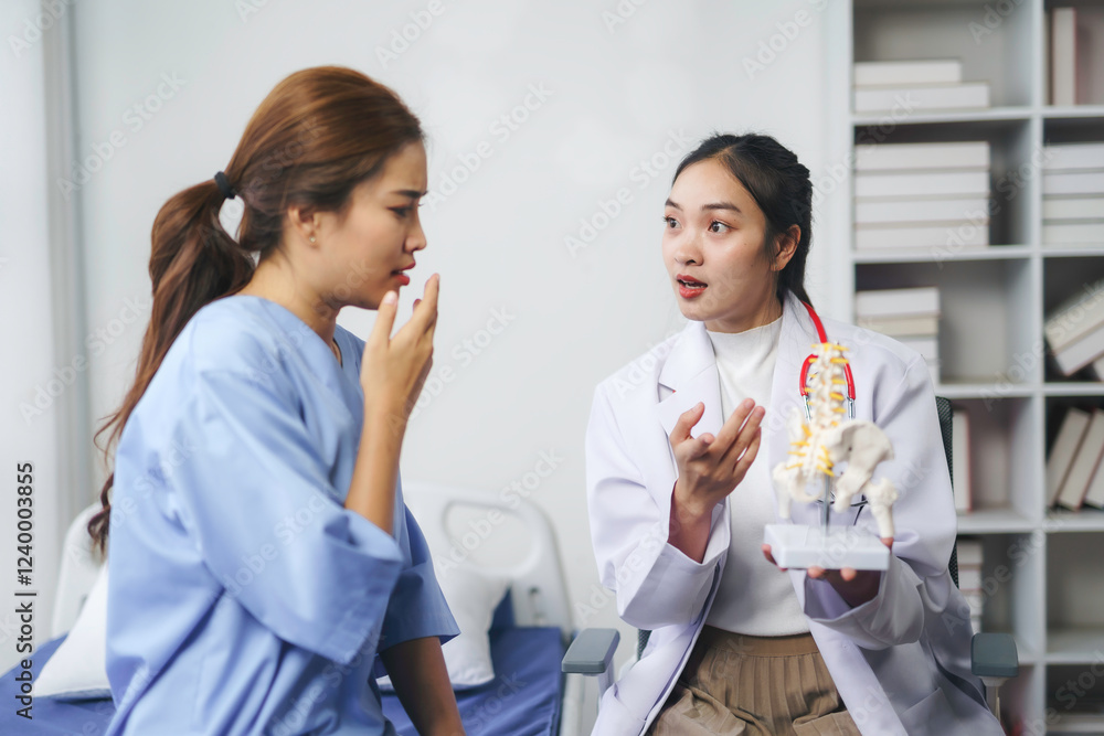 Fototapeta premium Doctor explaining spine structure to patient using anatomical model