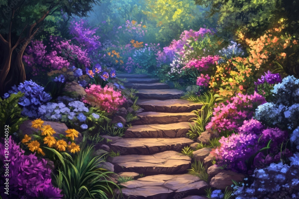 Fototapeta premium Vibrant floral pathway leading to a lush garden oasis