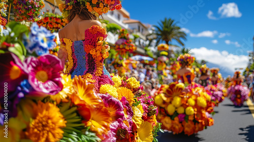 The magnificent flower parade at the Madeira Flower Festival, the streets are filled with colorful floats with exotic flower arrangements, women wearing dresses made of flower petals walk gracefully,